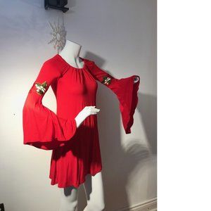 Stunning Bright red A-line flower embroidery cut-out mini summer tunic dress